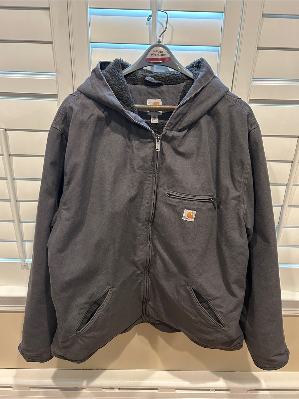 Carhartt Hooded Work Jacket in Gray with Sherpa Lining